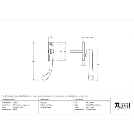 From The Anvil Window Furniture Antique Pewter / Left Hand / Yes From The Anvil - Antique Pewter Slim Peardrop Espag - LH