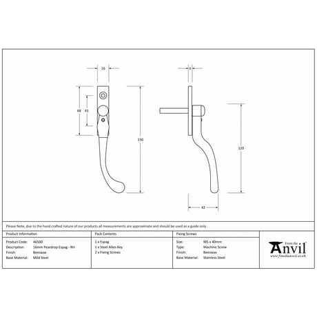 From The Anvil Window Furniture Beeswax / Right Hand / Yes From The Anvil - Beeswax 16mm Peardrop Espag - RH
