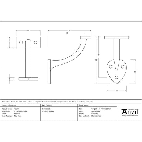 From The Anvil Accessories Beeswax / 3" / 76mm From The Anvil - Beeswax 3" Handrail Bracket