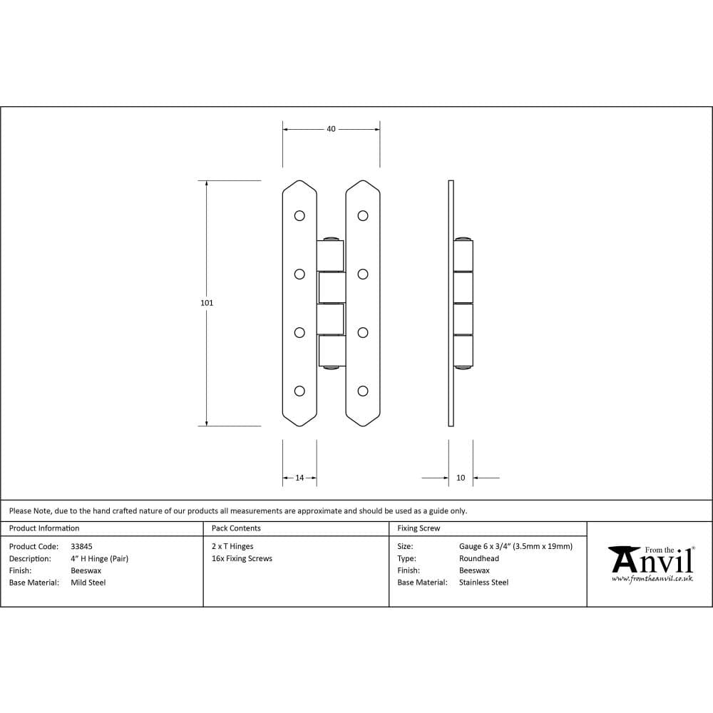 From The Anvil Hinges Beeswax / H & HL Hinges / 4" x (102mm) From The Anvil - Beeswax 4" H Hinge (pair)