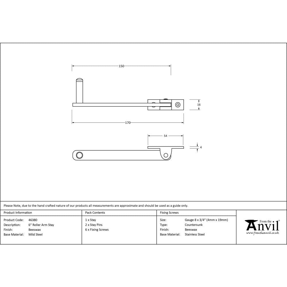 From The Anvil Window Furniture Beeswax / Roller Arm Stay From The Anvil - Beeswax 6" Roller Arm Stay
