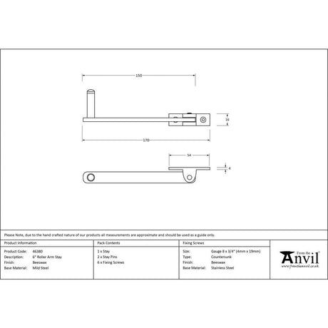 From The Anvil Window Furniture Beeswax / Roller Arm Stay From The Anvil - Beeswax 6" Roller Arm Stay