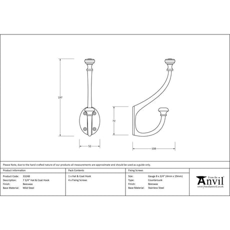 From The Anvil Accessories Beeswax / Hat & Coat Hooks From The Anvil - Beeswax 7 3/4" Hat & Coat Hook