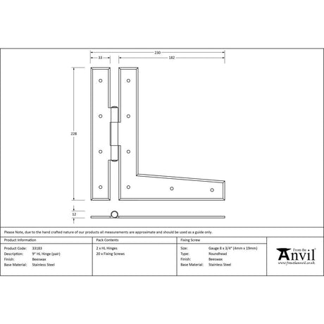 From The Anvil Hinges Beeswax / H & HL Hinges / 9" (229mm) From The Anvil - Beeswax 9" HL Hinge (pair)