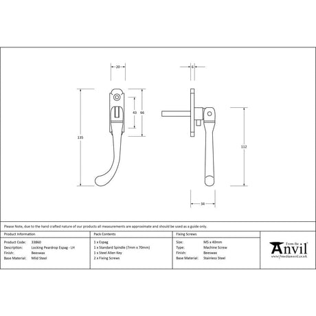 From The Anvil Window Furniture Beeswax / Left Hand / Yes From The Anvil - Beeswax Locking Peardrop Espag - LH