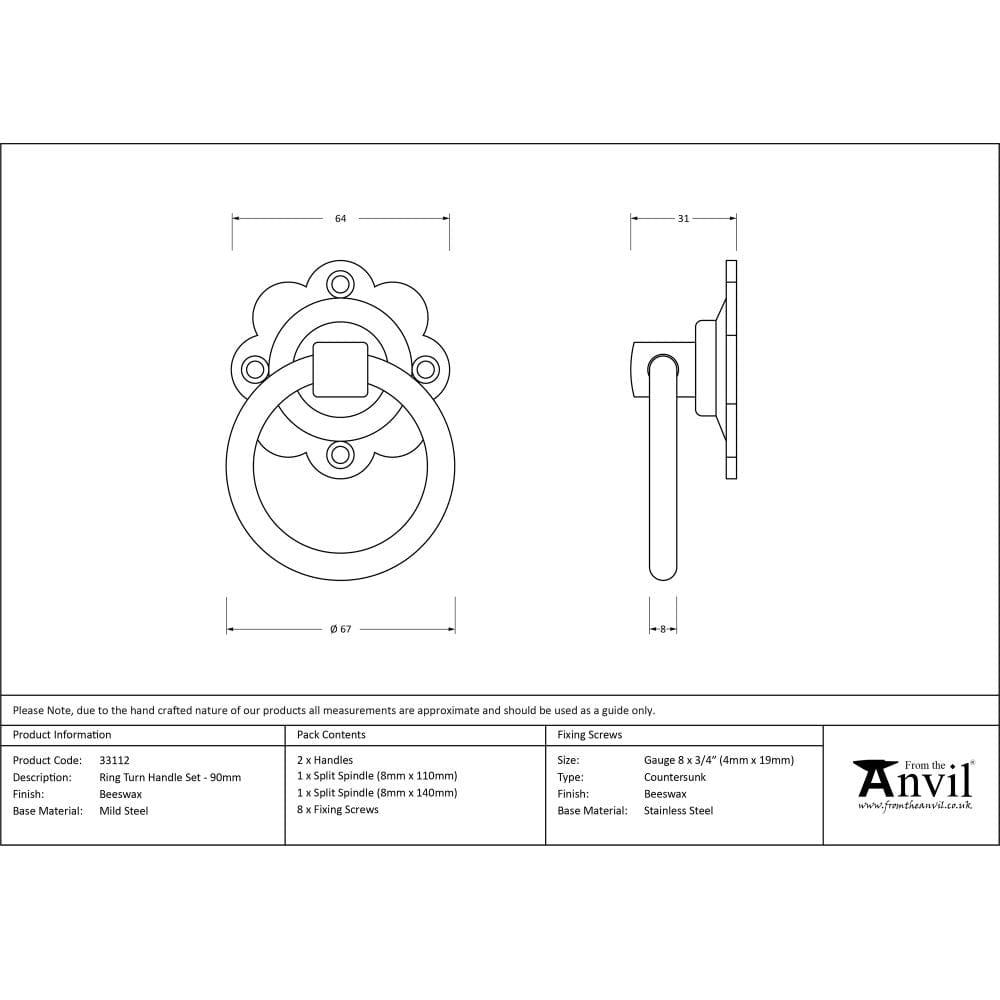 From The Anvil Door Furniture Beeswax / Ring Latch From The Anvil - Beeswax Ring Turn Handle Set