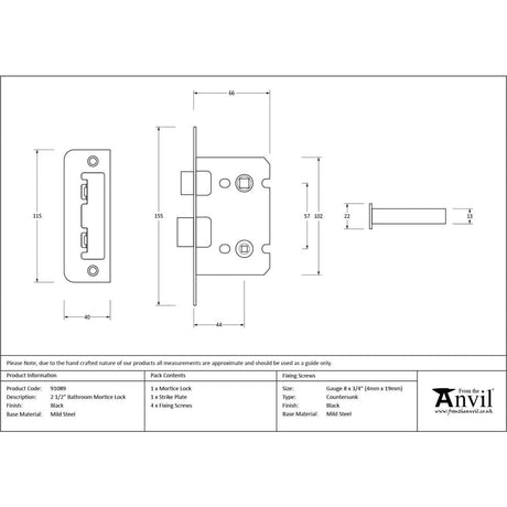 From The Anvil Locks & Latches Black / Bathroom Lock / 2.5" / 65mm From The Anvil - Black 2½" Bathroom Mortice Lock