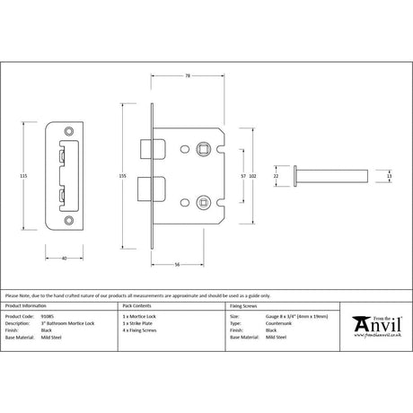 From The Anvil Locks & Latches Black / Bathroom Lock / 3" / 76mm From The Anvil - Black 3" Bathroom Mortice Lock