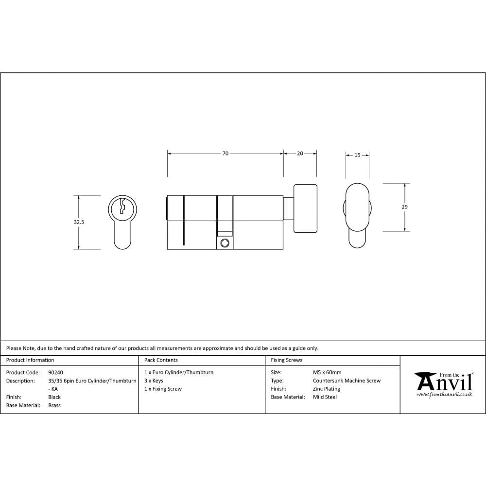 From The Anvil Locks & Latches Black / Euro Cylinder & Turn / 35 x 35mm From The Anvil - Black 35/35 6pin Euro Cylinder/Thumbturn KA