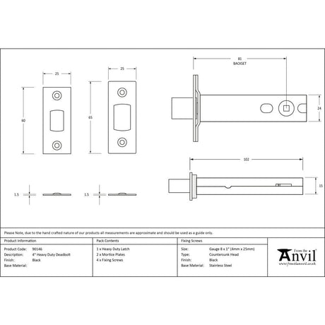 From The Anvil Locks & Latches Black / Tubular Dead Bolts / 4" / 102mm From The Anvil - Black 4" Heavy Duty Tubular Deadbolt