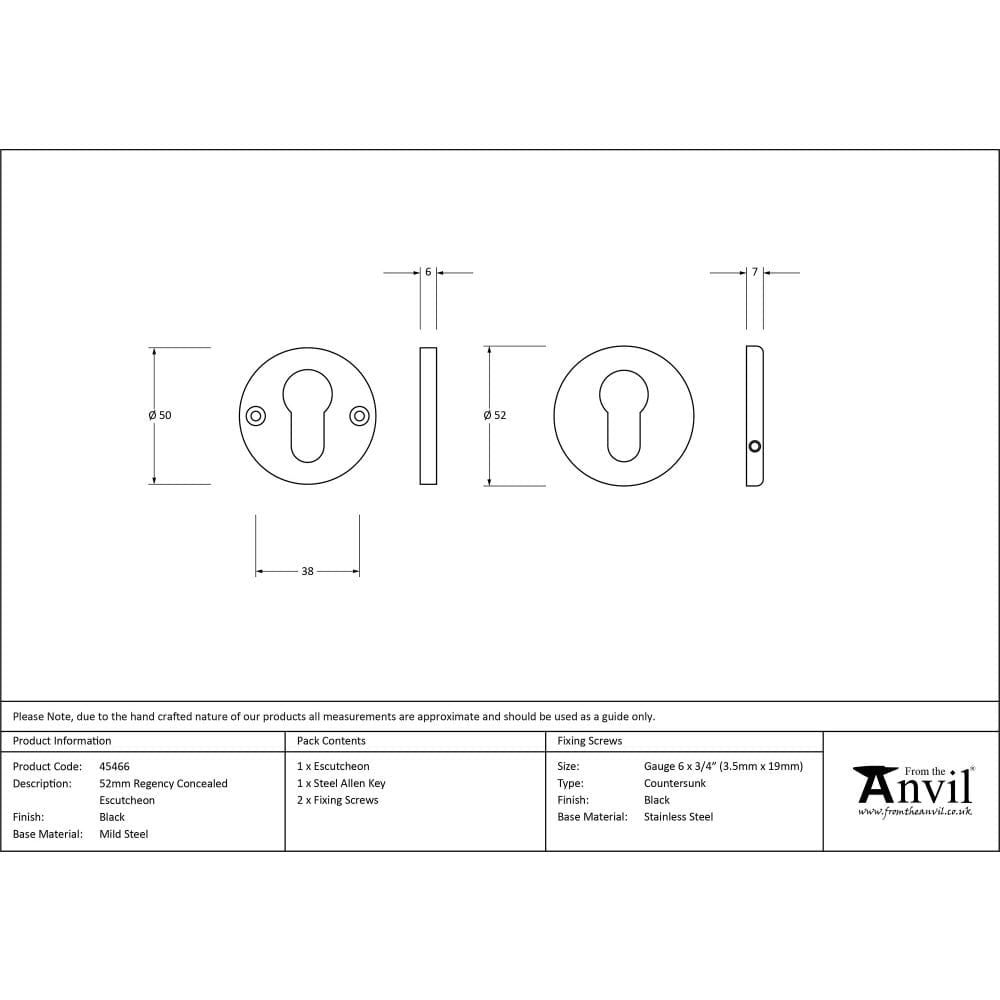 From The Anvil Door Furniture Black / Euro Profile Escutcheons From The Anvil - Black 52mm Regency Concealed Escutcheon