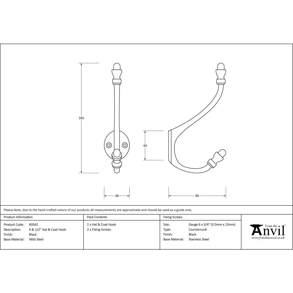 From The Anvil Accessories Black / Hat & Coat Hooks From The Anvil - Black 6 1/2" Hat & Coat Hook