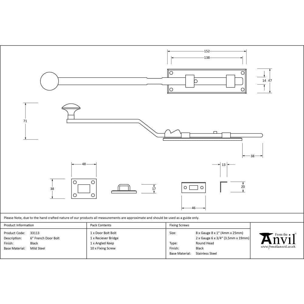 From The Anvil Accessories Black / Straight Surface Bolts / 150mm / 6" From The Anvil - Black 6" French Door Bolt