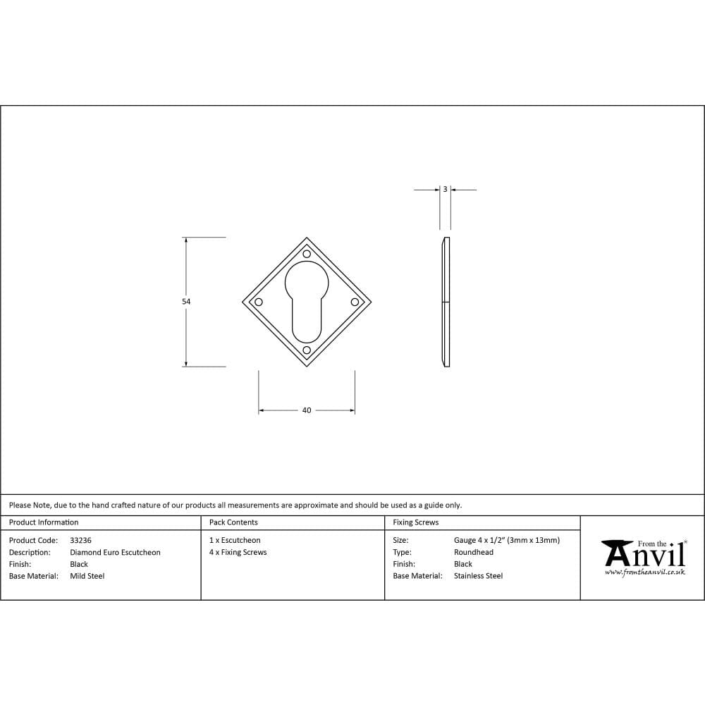 From The Anvil Door Furniture Black / Euro Profile Escutcheons From The Anvil - Black Diamond Euro Escutcheon