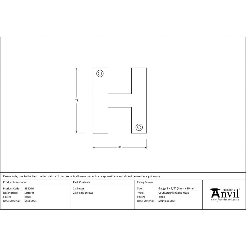 From The Anvil Door Furniture Black / Letters / H From The Anvil - Black Letter H