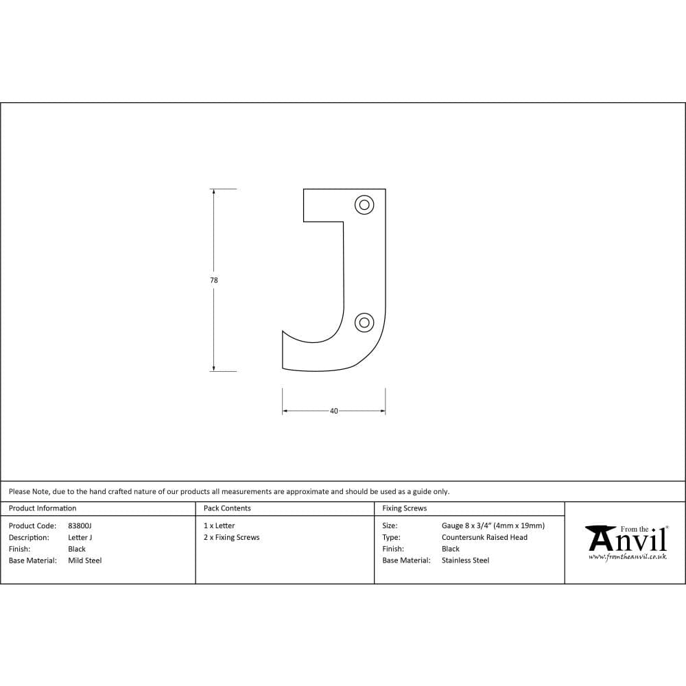From The Anvil Door Furniture Black / Letters / J From The Anvil - Black Letter J