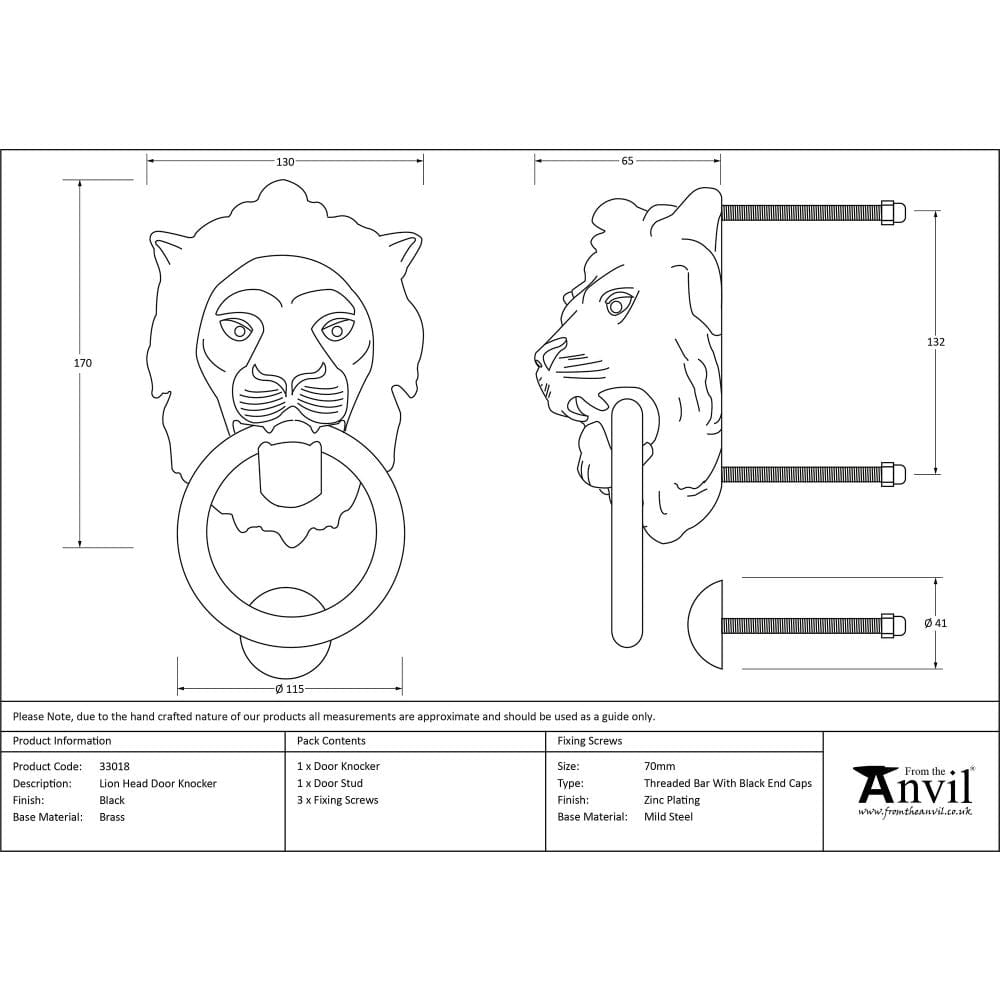 From The Anvil Door Furniture Black / Lion Door Knocker From The Anvil - Black Lion Head Door Knocker