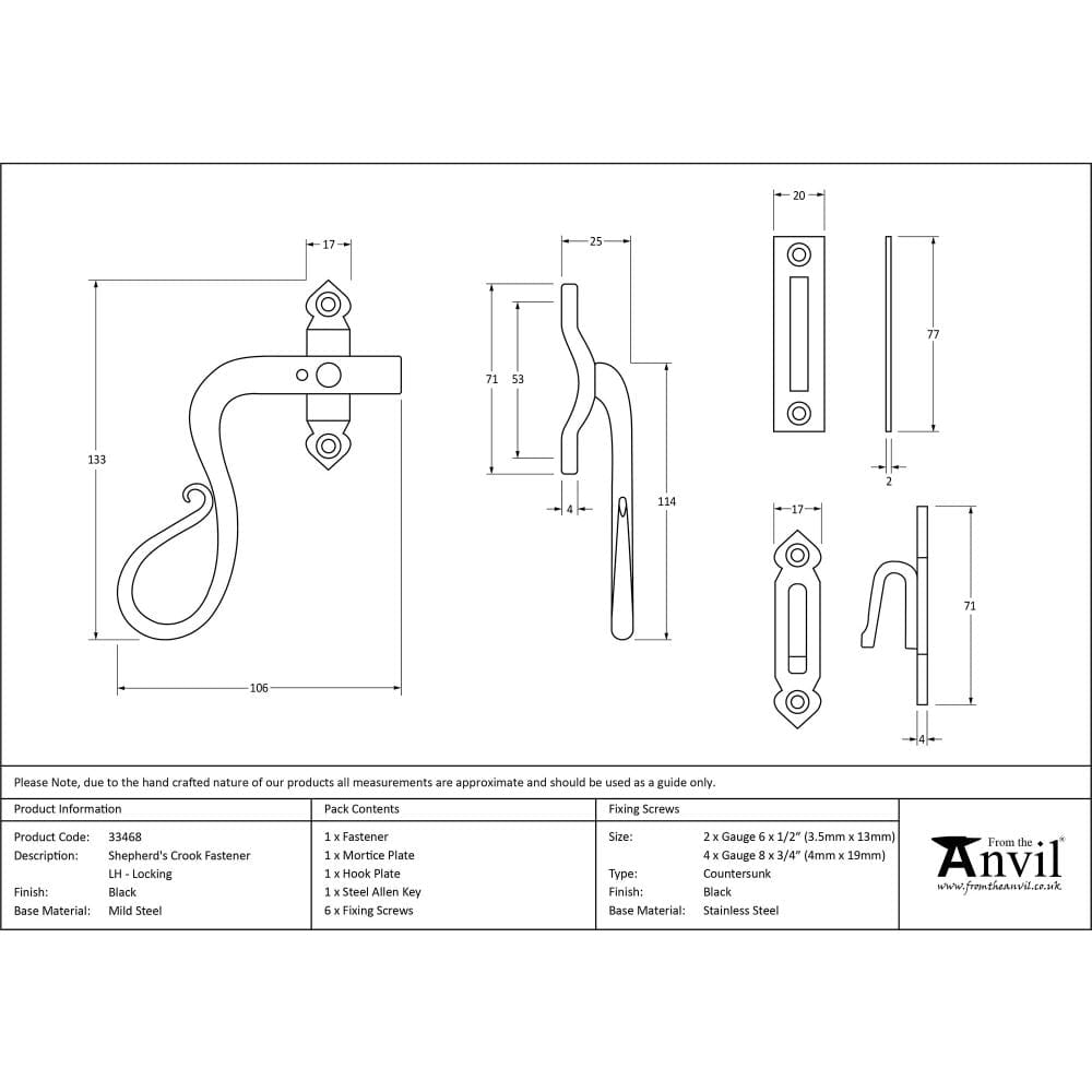 From The Anvil Window Furniture Black / Yes / Mortice & Hook Place From The Anvil - Black Locking Shepherd's Crook Fastener - LH