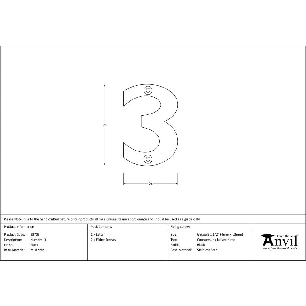 From The Anvil Door Furniture Black / Numerals / 3 From The Anvil - Black Numeral 3
