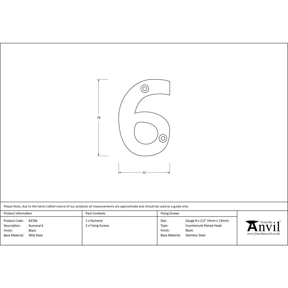From The Anvil Door Furniture Black / Numerals / 6 From The Anvil - Black Numeral 6