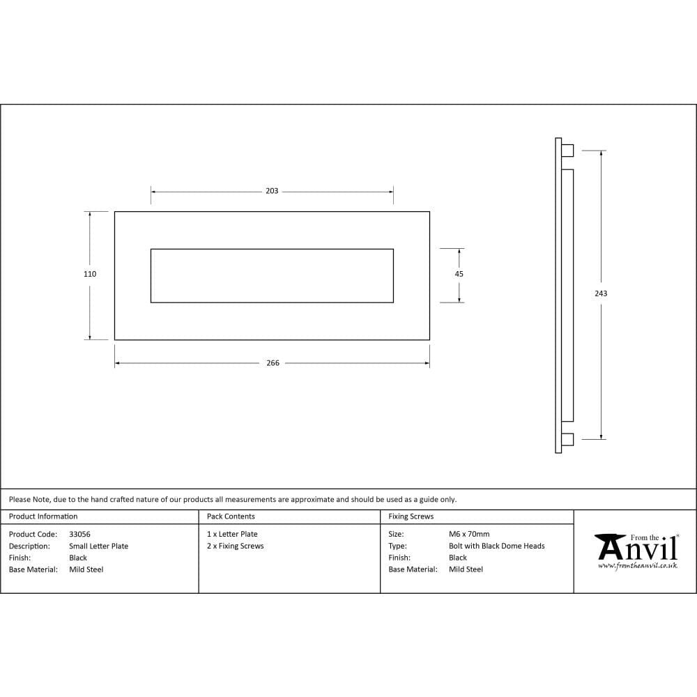 From The Anvil Door Furniture Black / Letter Plates / 266 x 110mm From The Anvil - Black Small Letter Plate