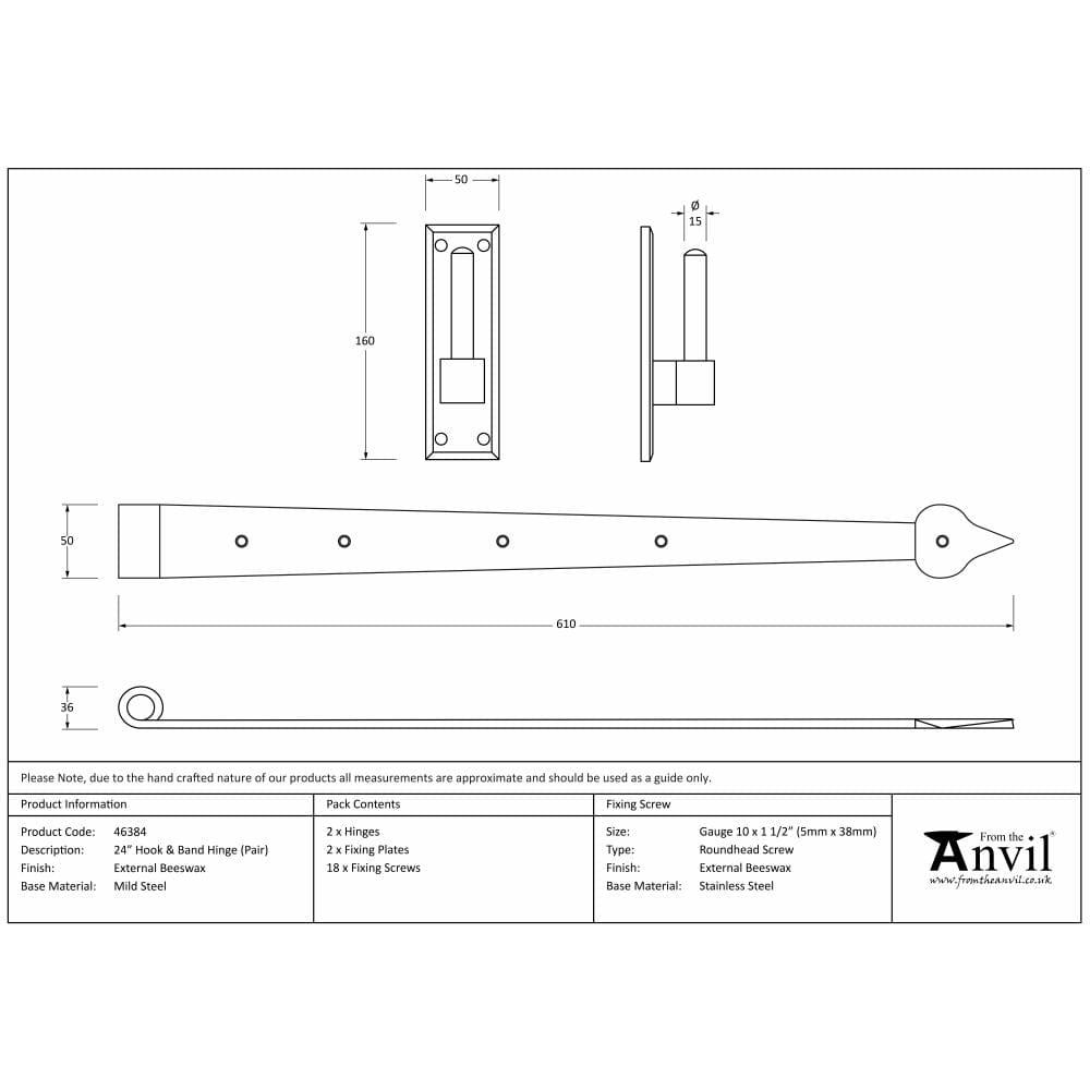 From The Anvil Hinges External Beeswax / Hook & Band Hinges / 4" x (102mm) From The Anvil - External Beeswax 24" Hook & Band Hinge (pair)