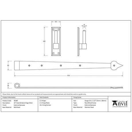 From The Anvil Hinges External Beeswax / Hook & Band Hinges / 4" x (102mm) From The Anvil - External Beeswax 24" Hook & Band Hinge (pair)