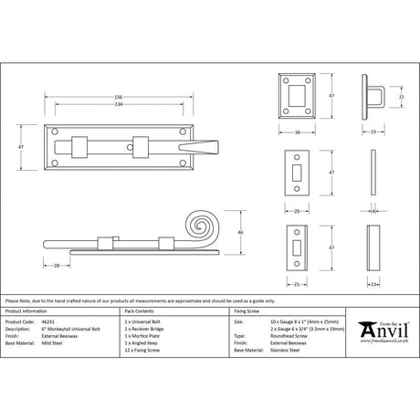 From The Anvil Accessories External Beeswax / Straight Surface Bolts / 150mm / 6" From The Anvil - External Beeswax 6" Monkeytail Universal Bolt
