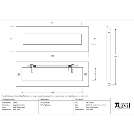 From The Anvil Door Furniture External Beeswax / Letter Plates / 319 x 110mm From The Anvil - External Beeswax Large Letter Plate