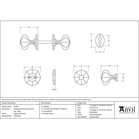 From The Anvil Door Furniture External Beeswax / Mortice/Rim Knobs From The Anvil - External Beeswax Large Octagonal Mortice/Rim Knob Set