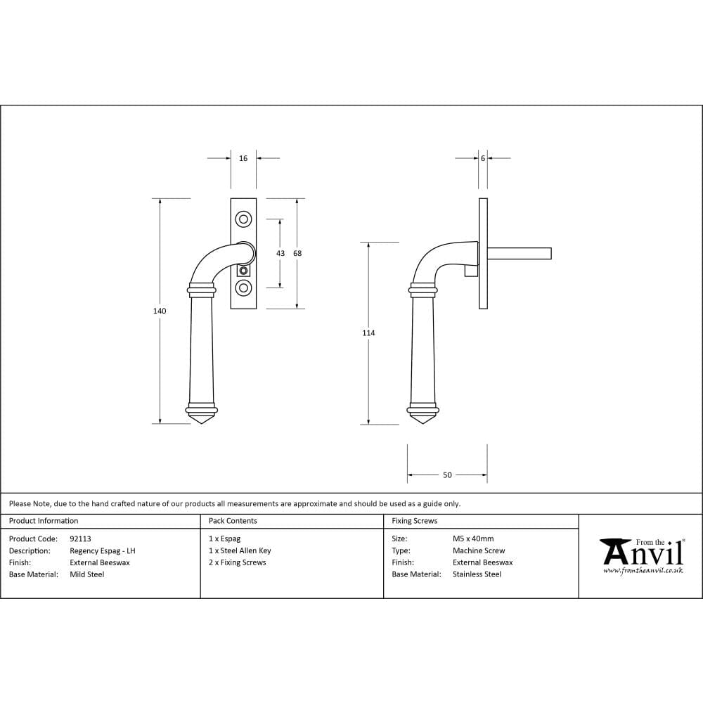 From The Anvil Window Furniture External Beeswax / Left Hand / Yes From The Anvil - External Beeswax Regency Espag - LH
