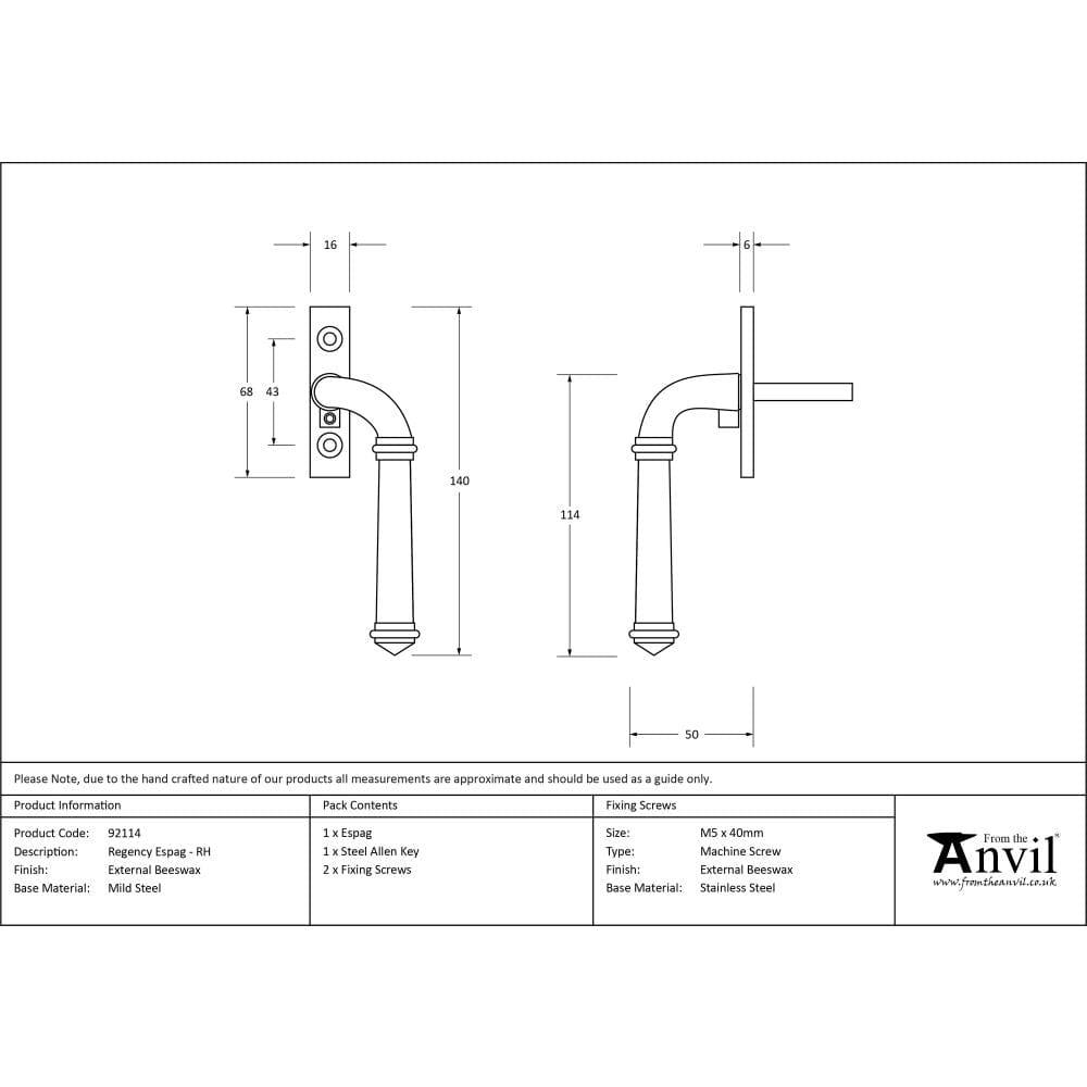 From The Anvil Window Furniture External Beeswax / Right Hand / Yes From The Anvil - External Beeswax Regency Espag - RH