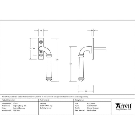 From The Anvil Window Furniture External Beeswax / Right Hand / Yes From The Anvil - External Beeswax Regency Espag - RH