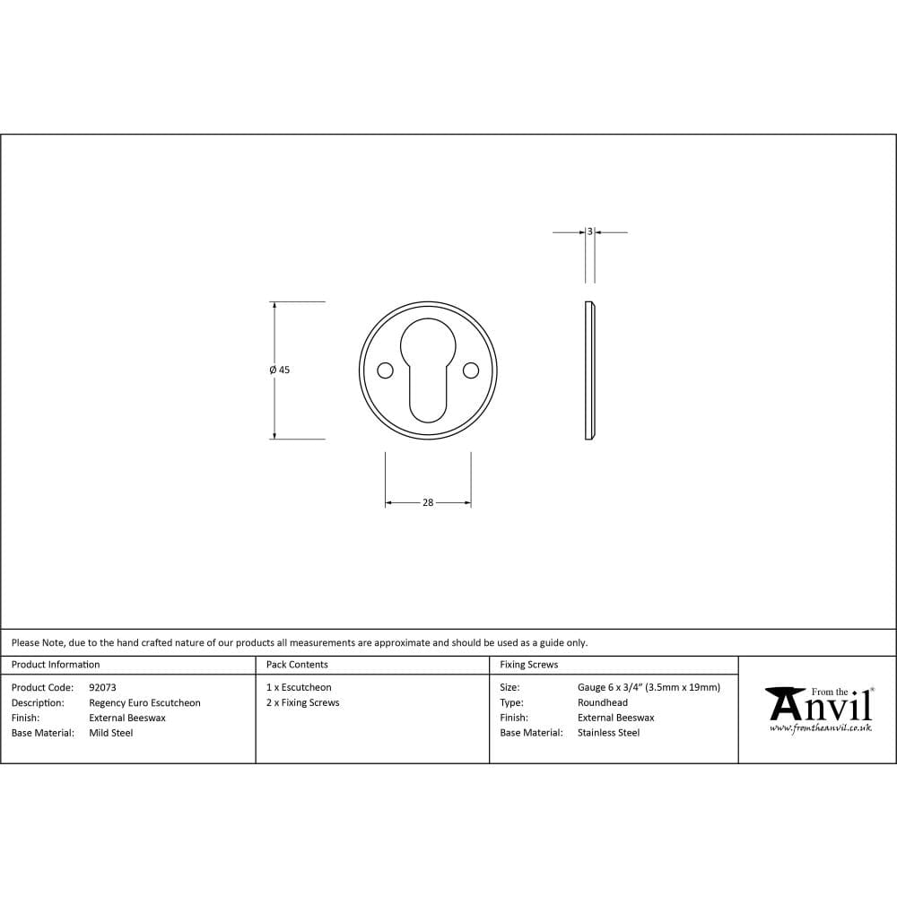 From The Anvil Door Furniture External Beeswax / Euro Profile Escutcheons From The Anvil - External Beeswax Regency Euro Escutcheon