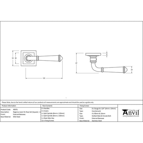 From The Anvil Door Furniture External Beeswax / Square Rose From The Anvil - External Beeswax Regency Lever on Rose Set (Square) - Unsprung
