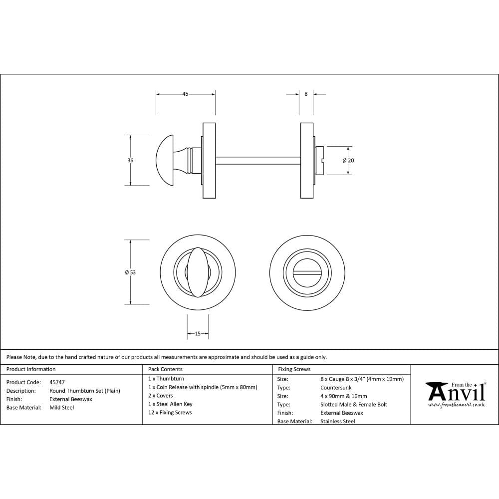 From The Anvil Door Furniture External Beeswax / No From The Anvil - External Beeswax Round Thumbturn Set (Plain)