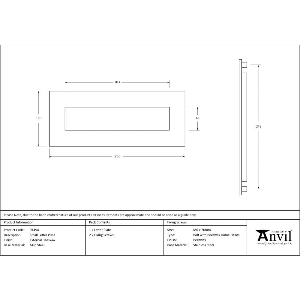 From The Anvil Door Furniture External Beeswax / Letter Plates / 266 x 110mm From The Anvil - External Beeswax Small Letter Plate