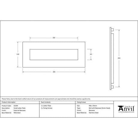 From The Anvil Door Furniture External Beeswax / Letter Plates / 266 x 110mm From The Anvil - External Beeswax Small Letter Plate
