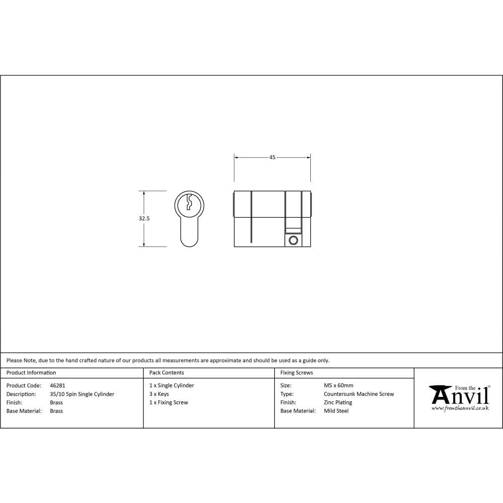 From The Anvil Locks & Latches Lacquered Brass / Euro Cylinders Single / 35 x 10mm From The Anvil - Lacquered Brass 35/10 5pin Single Cylinder