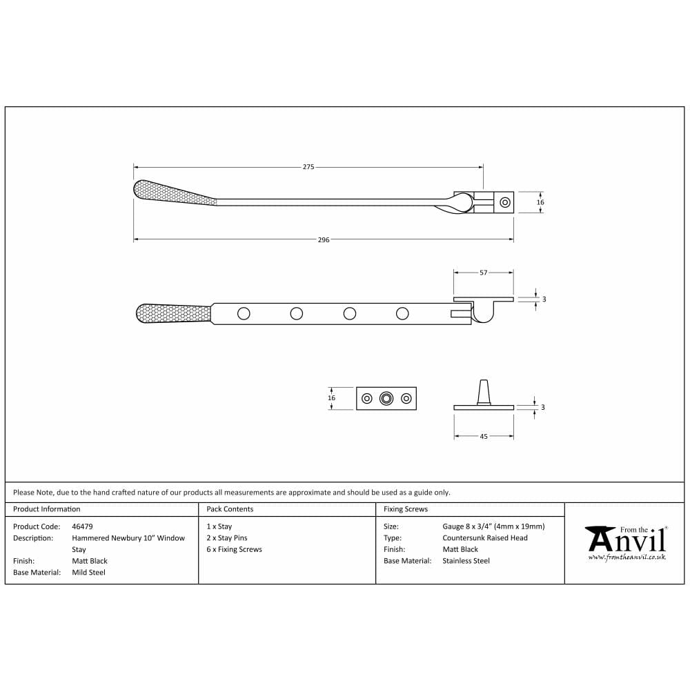 From The Anvil Window Furniture Matt Black / 10"/250mm From The Anvil - Matt Black 10" Hammered Newbury Stay