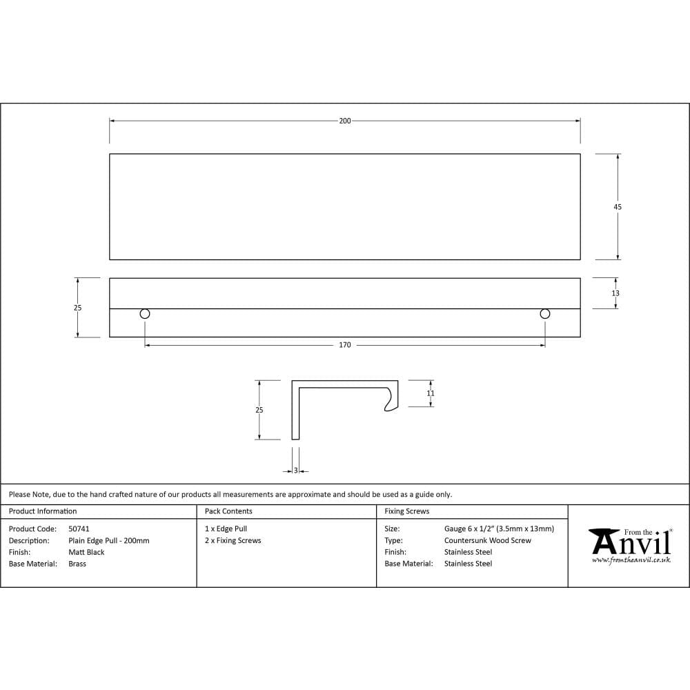 From The Anvil Cabinet Hardware Matt Black / Edge Pull / 200mm From The Anvil - Matt Black 200mm Plain Edge Pull
