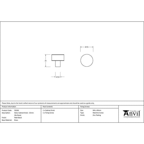 From The Anvil Cabinet Hardware Matt Black / Cabinet Knobs / 25mm Dia. From The Anvil - Matt Black Kelso Cabinet Knob - 25mm (No rose)