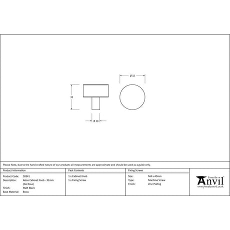 From The Anvil Cabinet Hardware Matt Black / Cabinet Knobs / 32mm Dia. From The Anvil - Matt Black Kelso Cabinet Knob - 32mm (No rose)