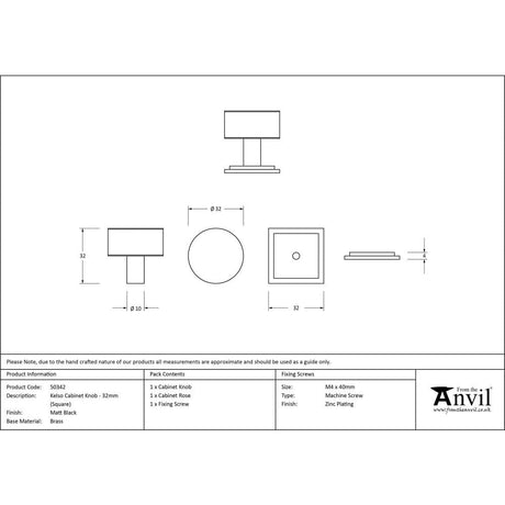 From The Anvil Cabinet Hardware Matt Black / Cabinet Knobs / 32mm Dia. From The Anvil - Matt Black Kelso Cabinet Knob - 32mm (Square)