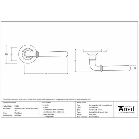 From The Anvil Door Furniture Matt Black / Round Rose From The Anvil - Matt Black Newbury Lever on Rose Set (Plain) - Unsprung