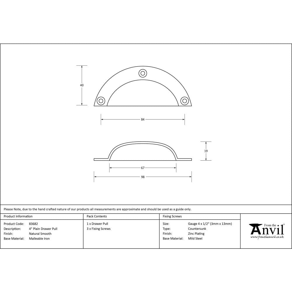 From The Anvil Cabinet Hardware Natural Smooth / Cabinet Cup Pulls From The Anvil - Natural Smooth 4" Plain Drawer Pull