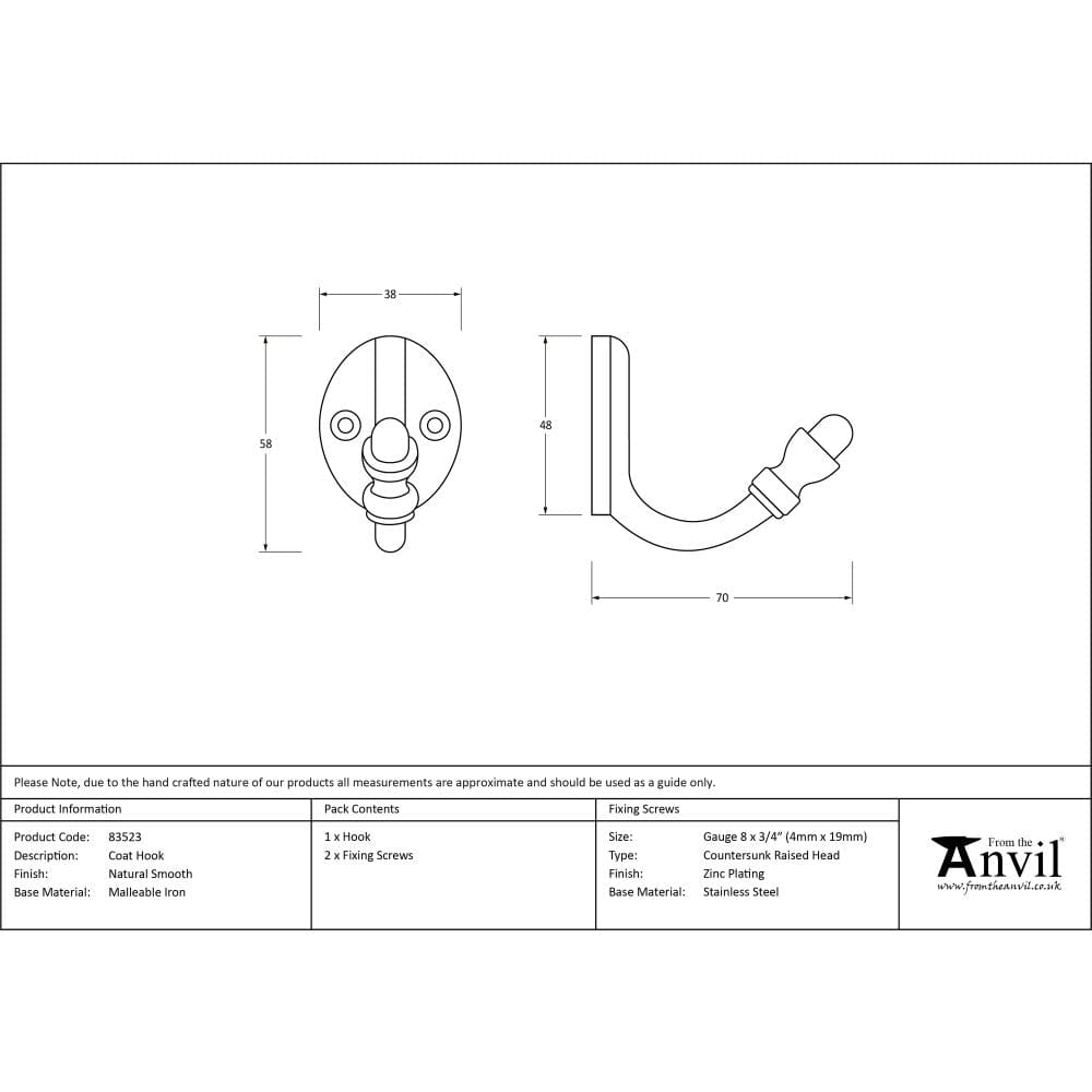 From The Anvil Accessories Natural Smooth / Single Coat Hooks From The Anvil - Natural Smooth Coat Hook