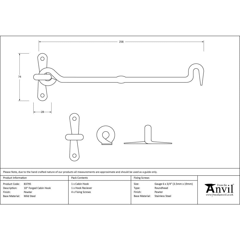 From The Anvil Accessories Pewter Patina / Cabin Hooks / 10" / 250mm From The Anvil - Pewter 10" Forged Cabin Hook