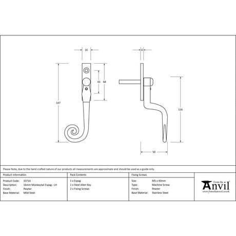 From The Anvil Window Furniture Pewter Patina / Left Hand / Yes From The Anvil - Pewter 16mm Monkeytail Espag - LH