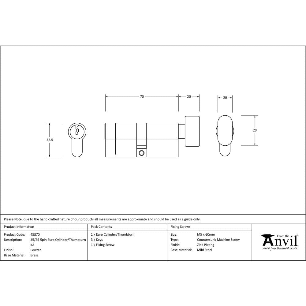 From The Anvil Locks & Latches Pewter Patina / Euro Cylinder & Turn / 35 x 35mm From The Anvil - Pewter 35/35 5pin Euro Cylinder/Thumbturn KA
